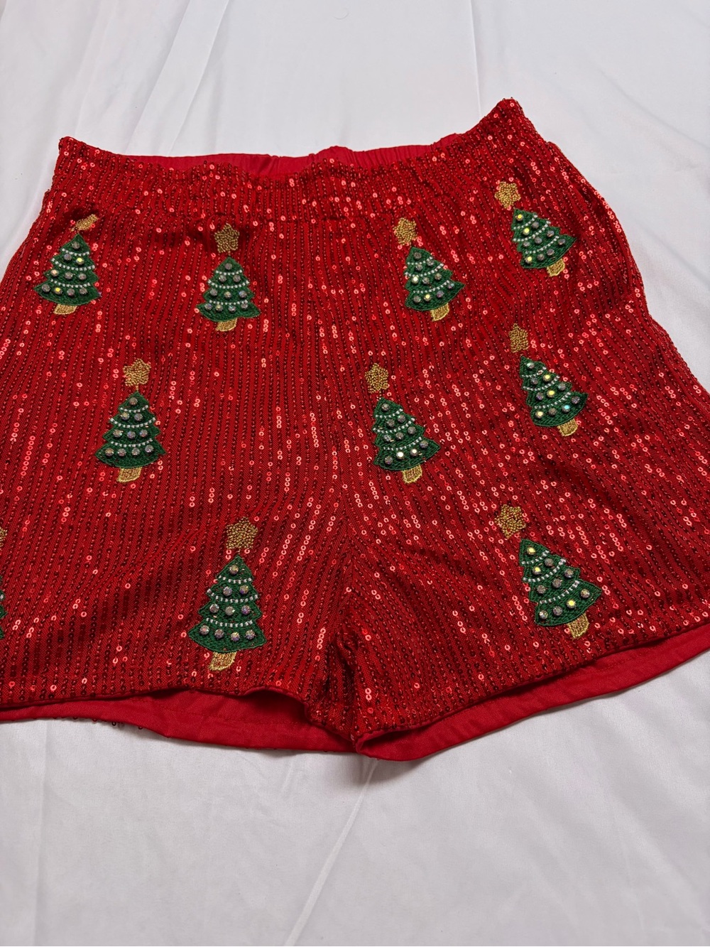 Festive Red Sequin High-Waist Shorts with Embroidered Green Trees